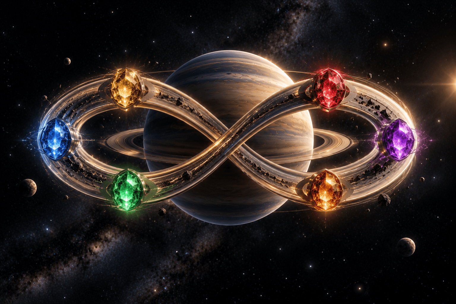 A Saturn-like planet at the center of a golden infinity structure, with six glowing stones — blue, gold, green, red, purple and amber — positioned along the orbit.